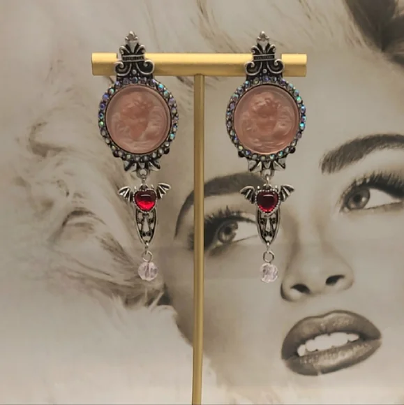 Vintage Signed Kirks Folly Whimsical Pink Cameo Crystal Ornate Silver Earrings